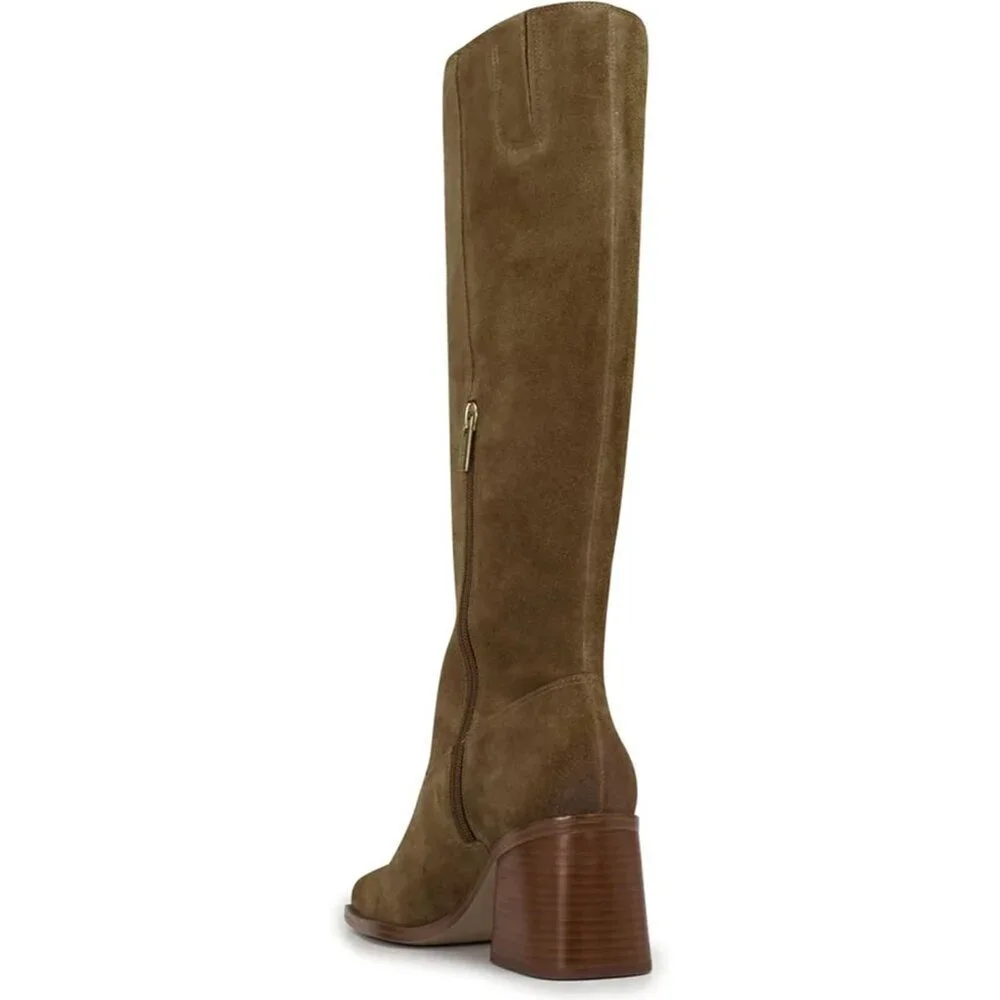 Women Dusty Green Polyurethane Knee High Square Toe Side Zipper Block Heel Boot